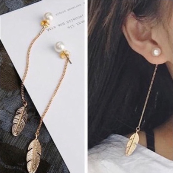 Jewelry - Gold feather drop faux pearl earrings Jewelry - Gold feather drop faux pearl earrings